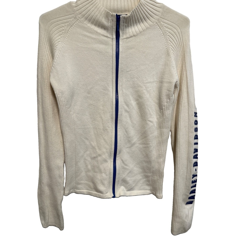 Harley Davidson Women's Full Zip Sweater Cardigan White W Blue Details Sz Small